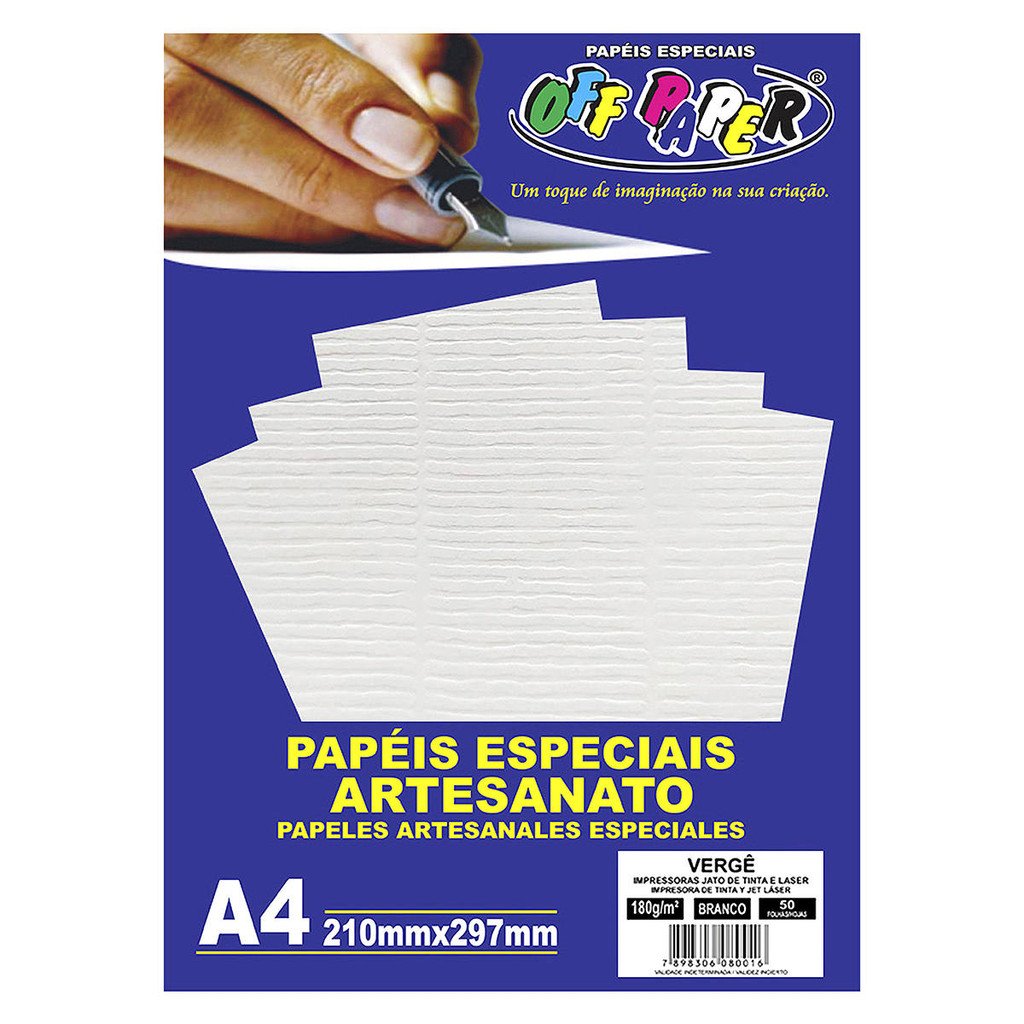 Papel Vergê Texturizado 180g A4 para Jato de Tinta ou Laser Off Paper com 50 Folhas Branco