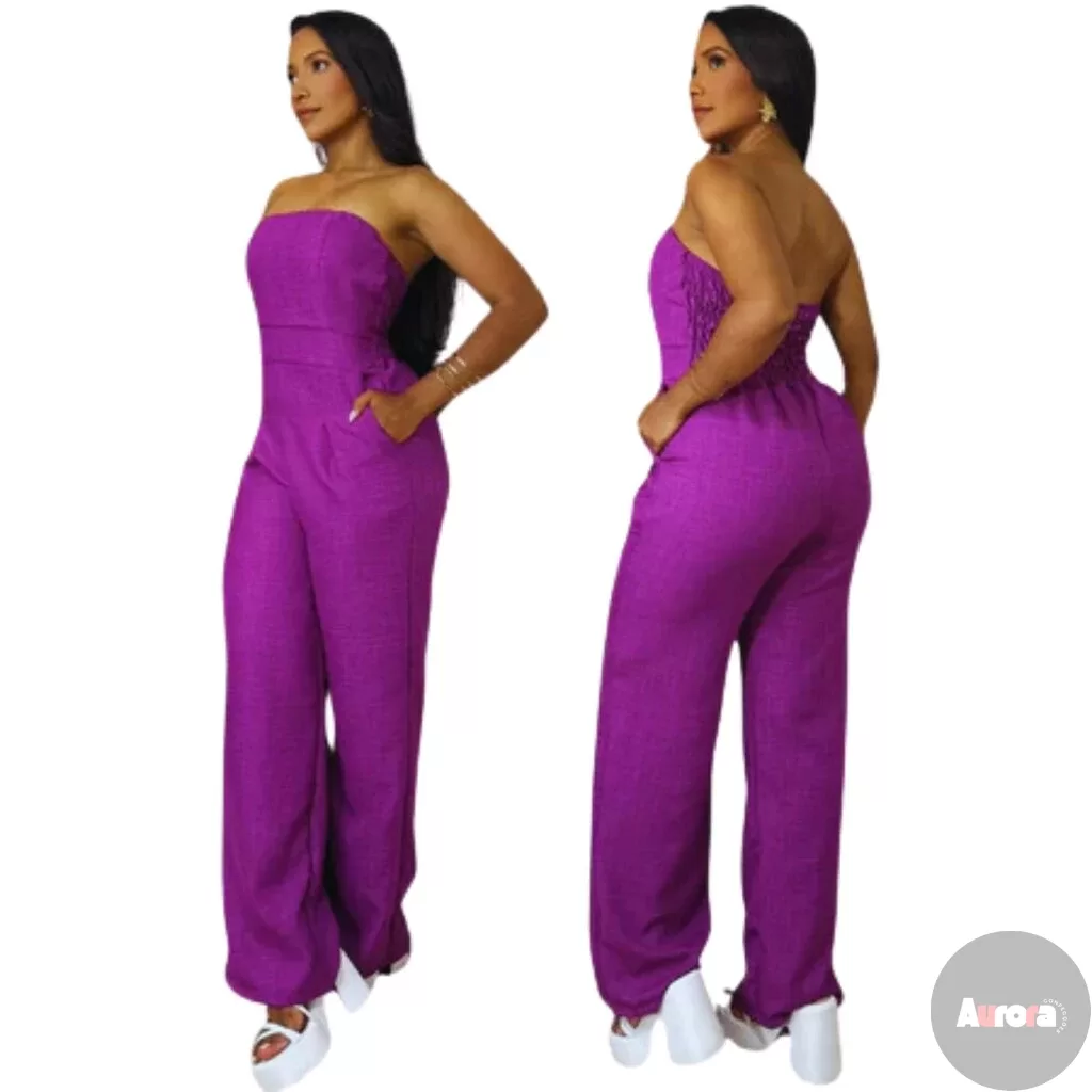 Macacão Feminino de Alfaitaria Lilás Tomara que Caia com Calça Pantalona