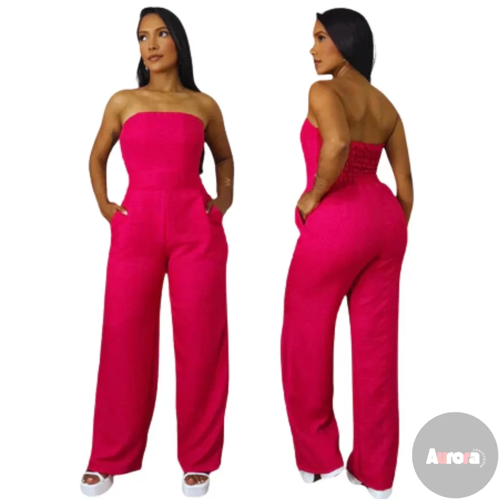 Macacão Feminino de Alfaitaria Rosa Tomara que Caia com Calça Pantalona