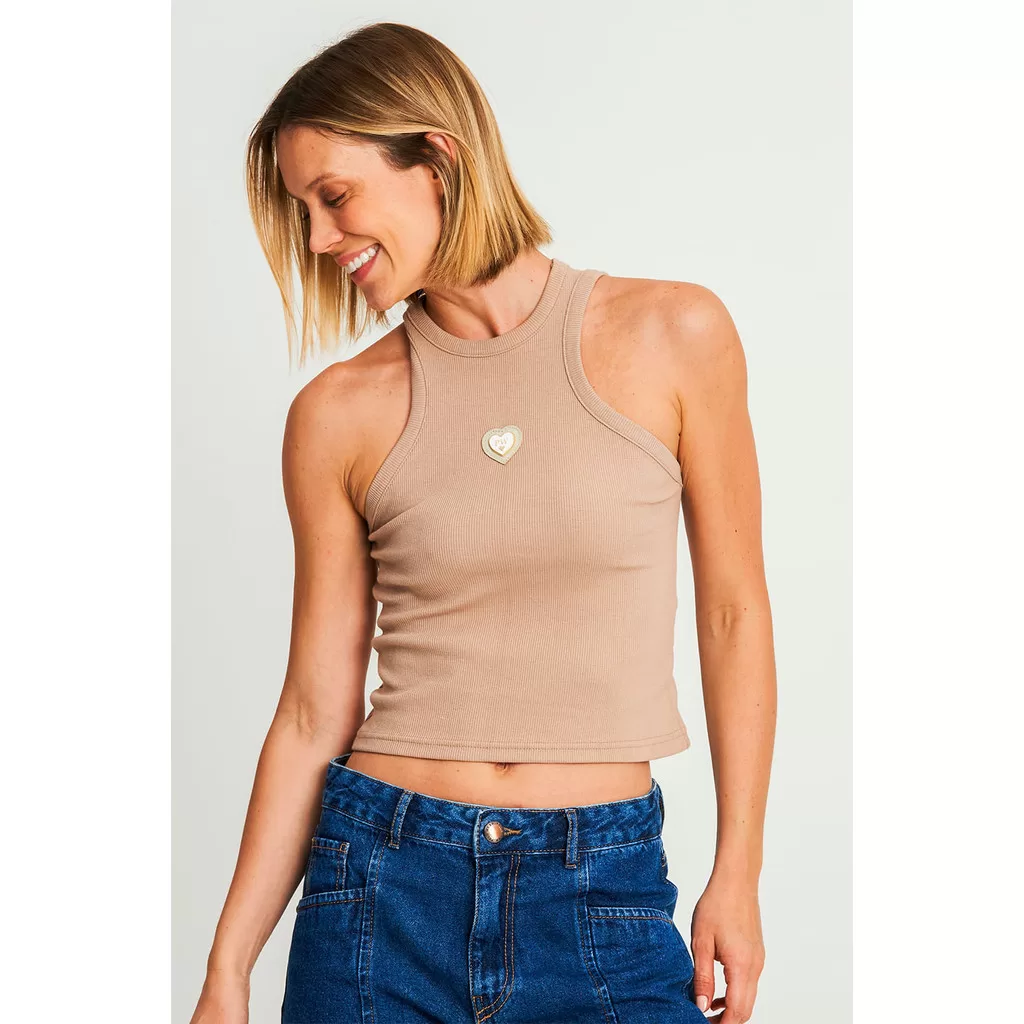 Regata Cropped Feminina Logo Relevo Polo Wear Bege Claro