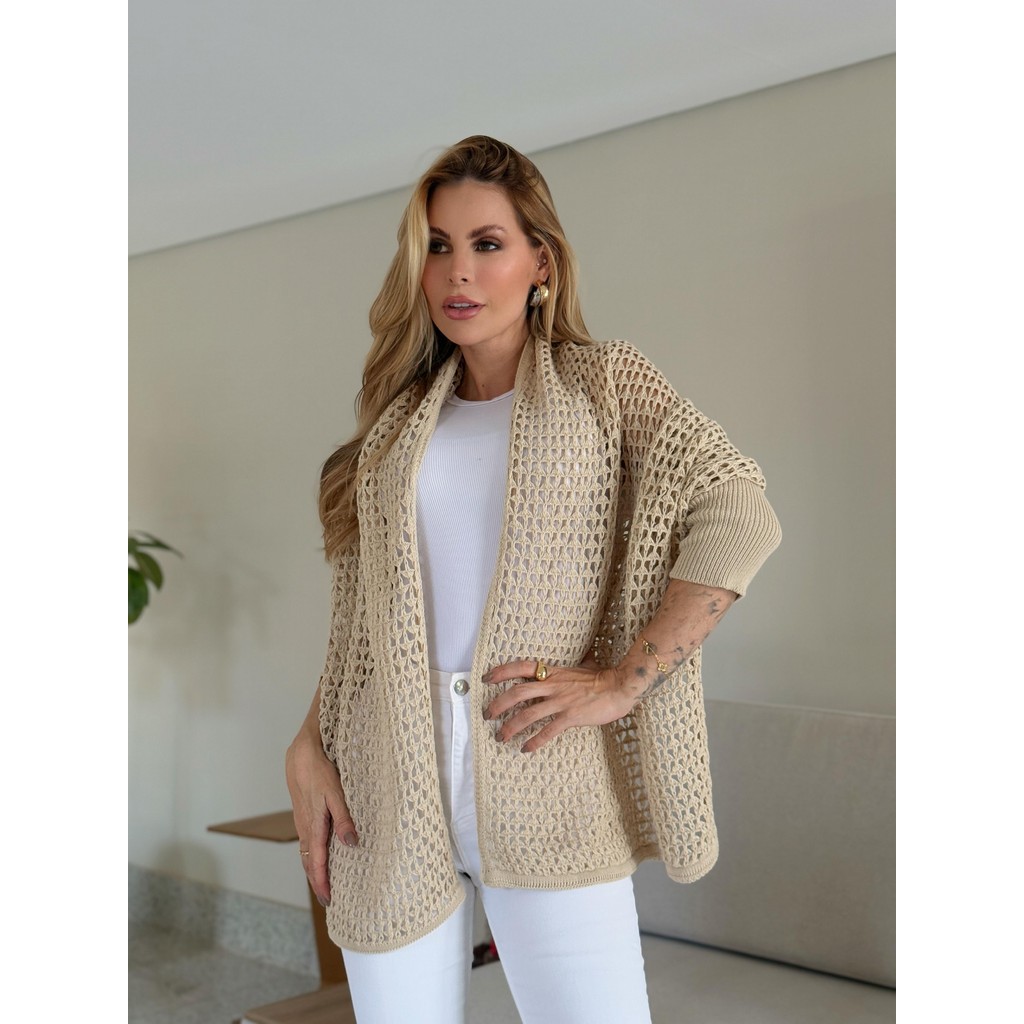 Casaco Kimono Capa Tricô Feminino com Punho Canelado