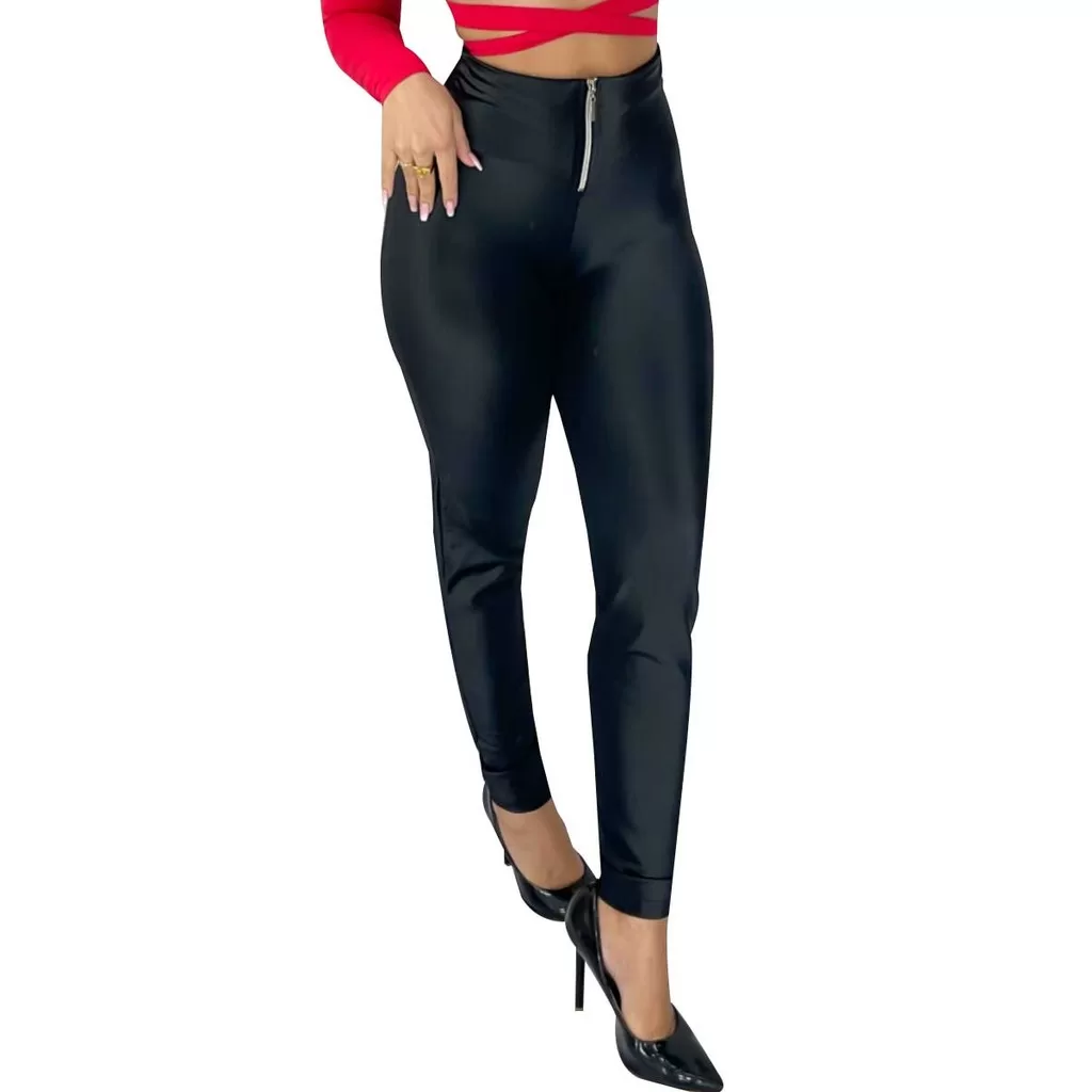 Calça Feminina Sexy Slim Preta Cirrê Justa com Zíper Frontal Sensual Moderno