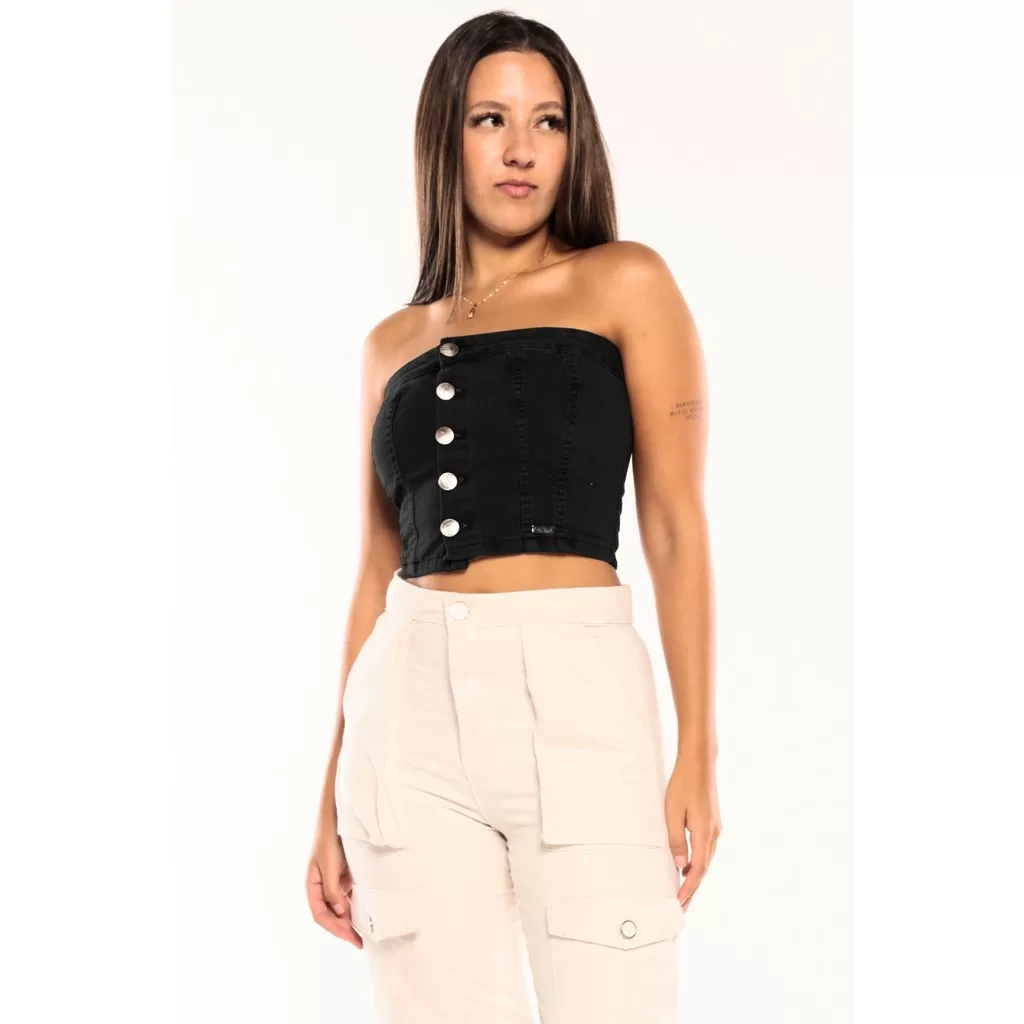 Cropped Feminino em Sarja Sem Mangas Planet Girls Preto