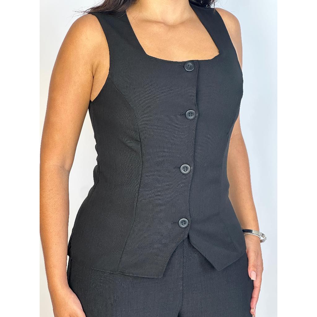 Colete Social Feminino Linho Alça Larga Gola Quadrada Detalhe Aberto Na Frente Promoção