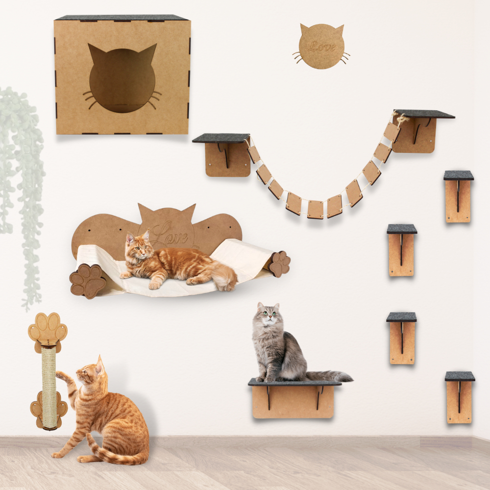 Playground para Gato 9pçs Mdf Resistente Gatificação Pet Nicho Rede Degraus Escadinha Arranhador