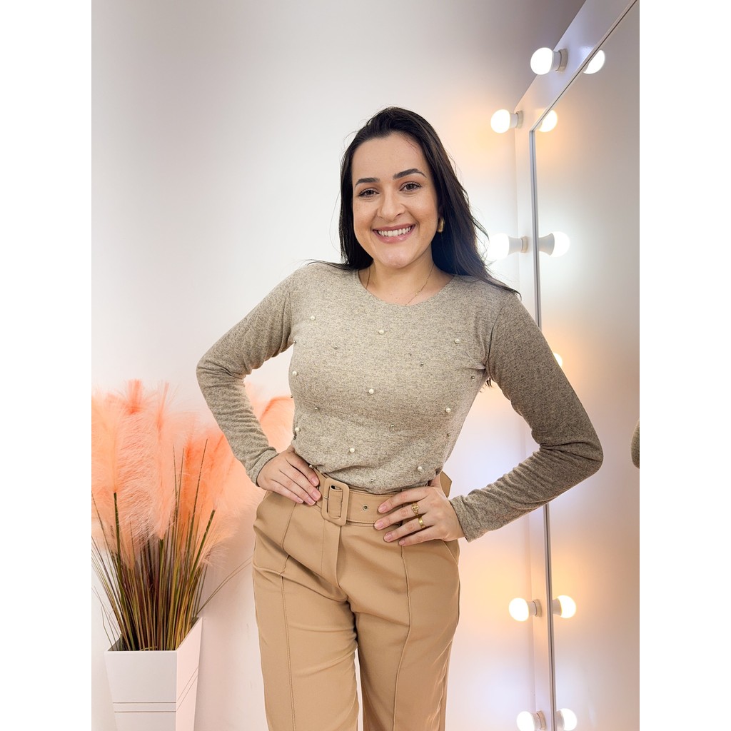 Blusa Lanzinha com aplique Perolas Feminina Manga Longa Sueter inverno frio quentinha Tendencia