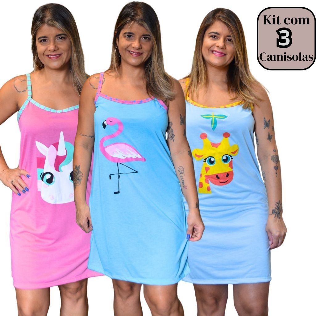 3 Camisolas Alcinha ou Meia Manga em Malha Premium Estampas Sortidas