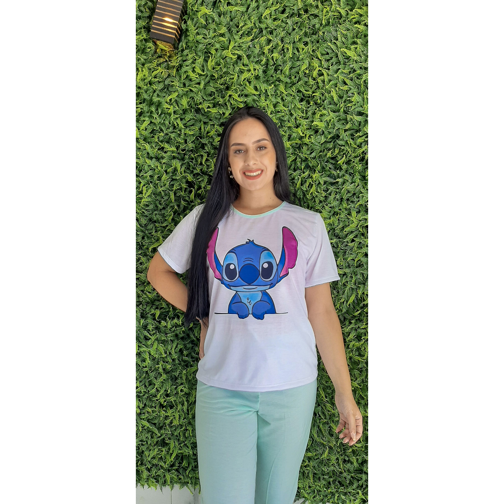 Pijama Feminino Adulto De Meia Estação Animado Moda Stitch