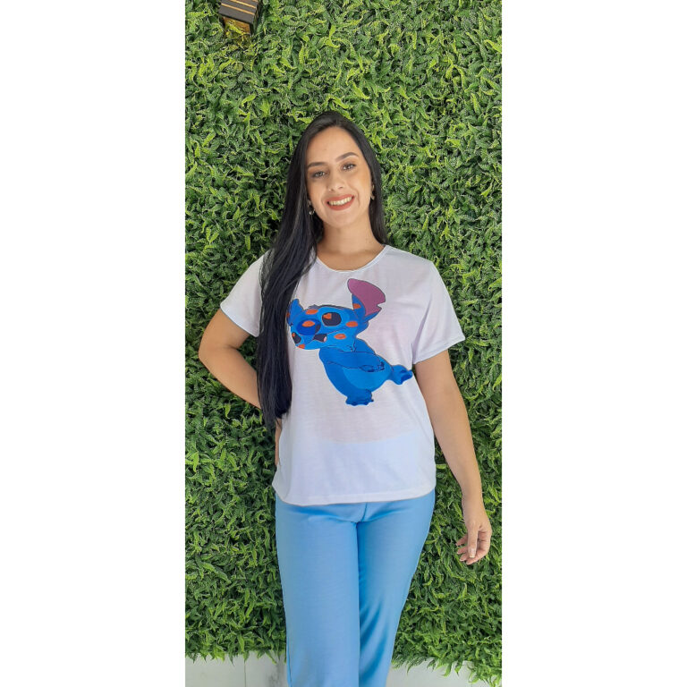 Pijama Feminino Adulto Stitch Desenho Meia Estaç