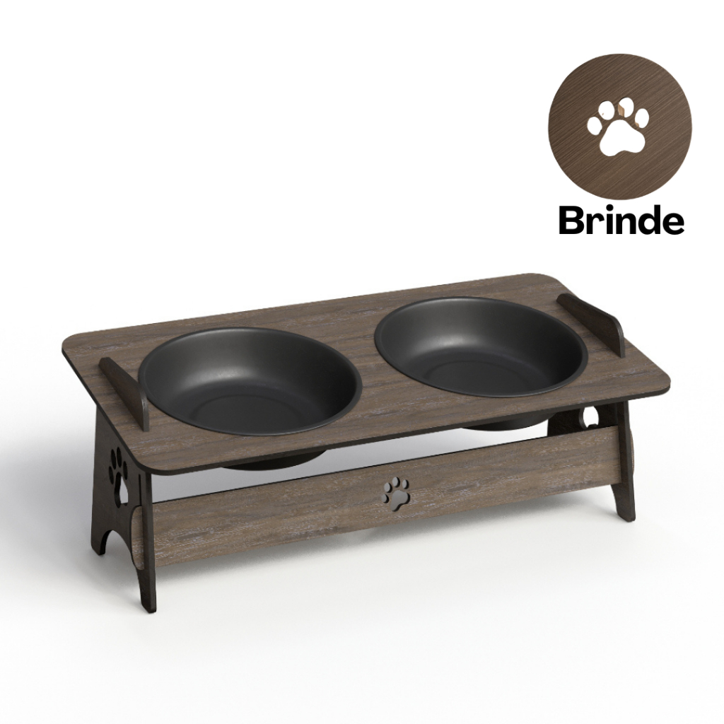 Tigela Dupla Para Agua Ração Comedouro Elevado Em Madeira Mdf Bebedouro Para Cachorro Gato Pets
