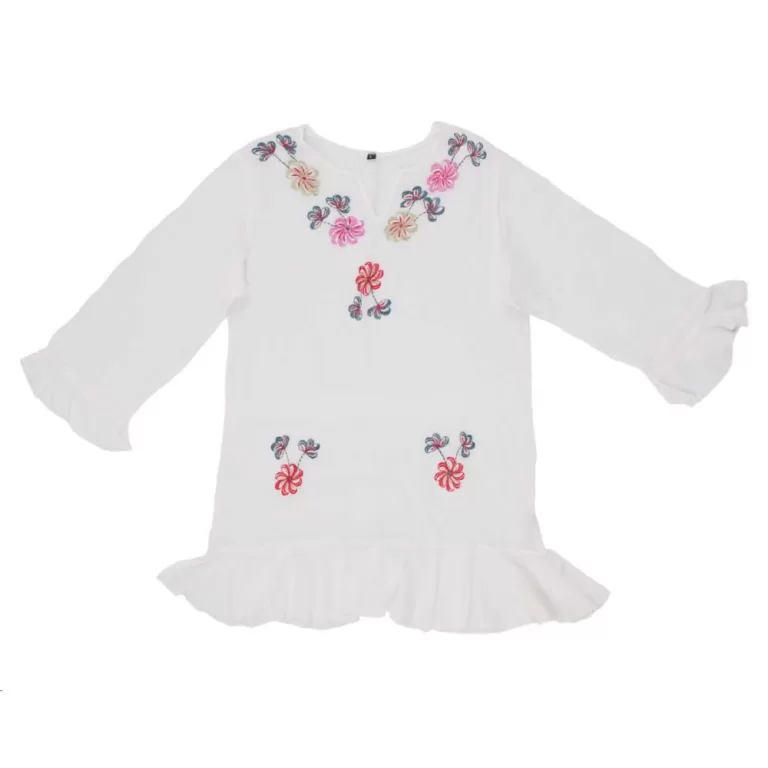 Bata Branca c/ Bordados Floral e Babados Praia Sol
