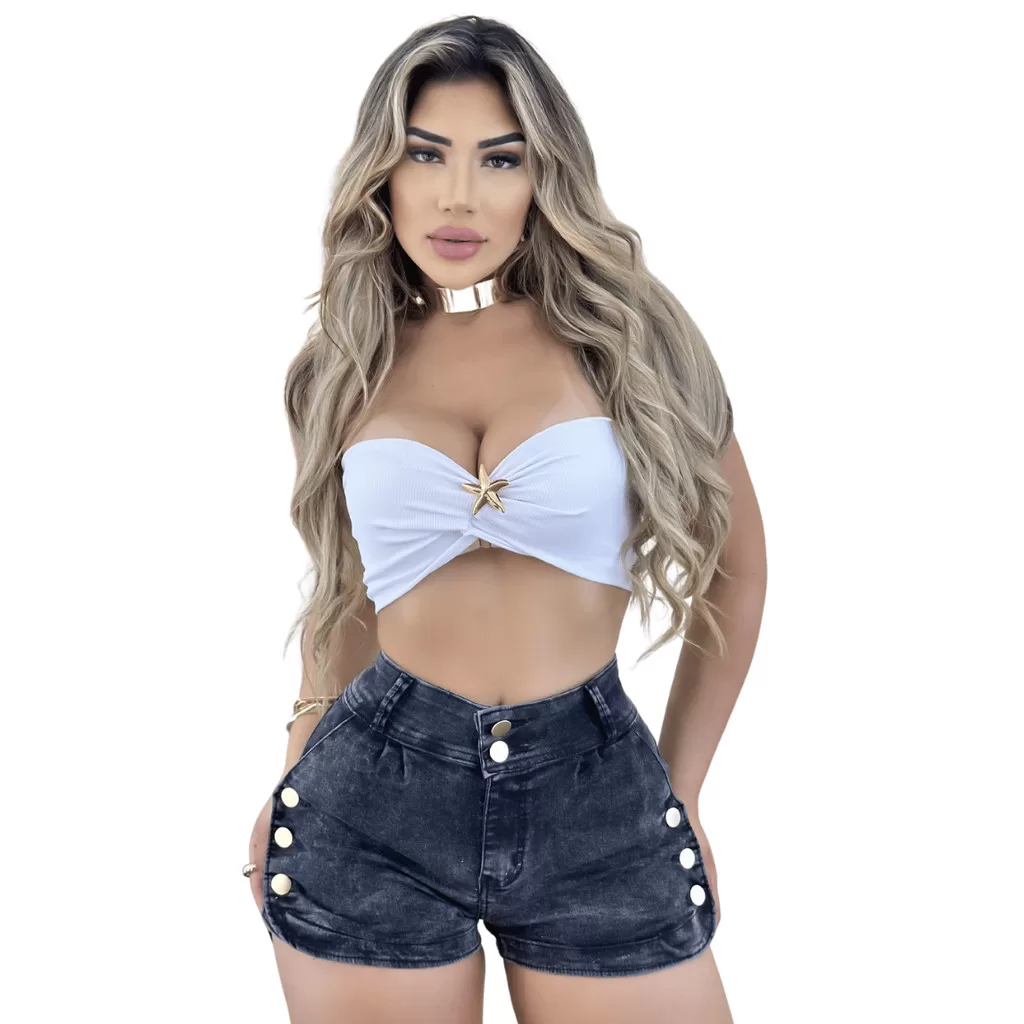 Short Jeans Feminino Marmorizado Detalhe de Botões Cós Alto Valoriza o Corpo Modelagem Diferenciada