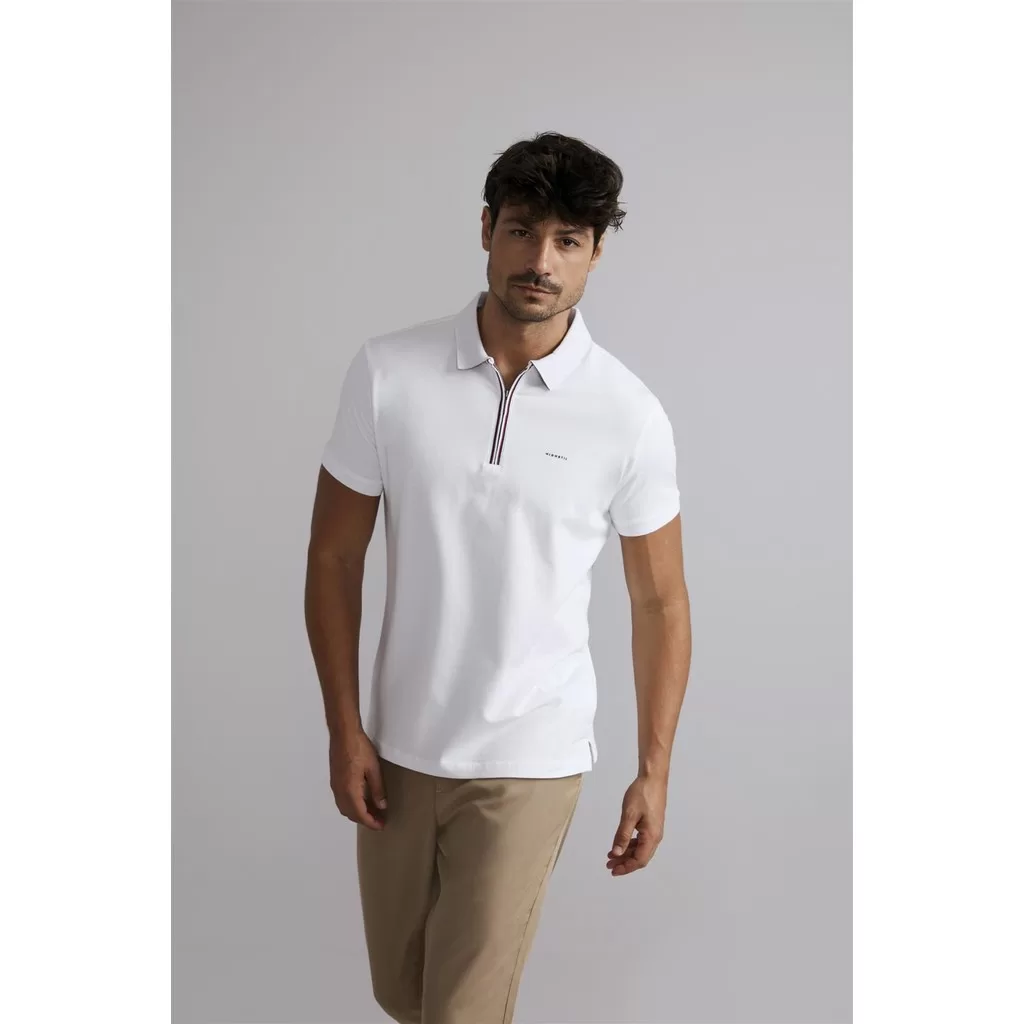 Polo com Zíper Malha Premium Slim Fit – Branco