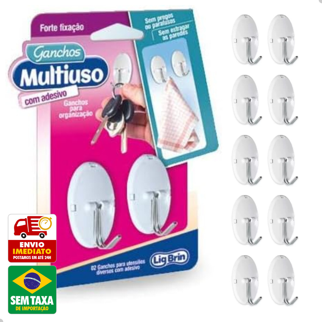 Kit 10 Ganchos Multiuso Autocolante Cozinha Casa Lavaderia LigBrin 0174