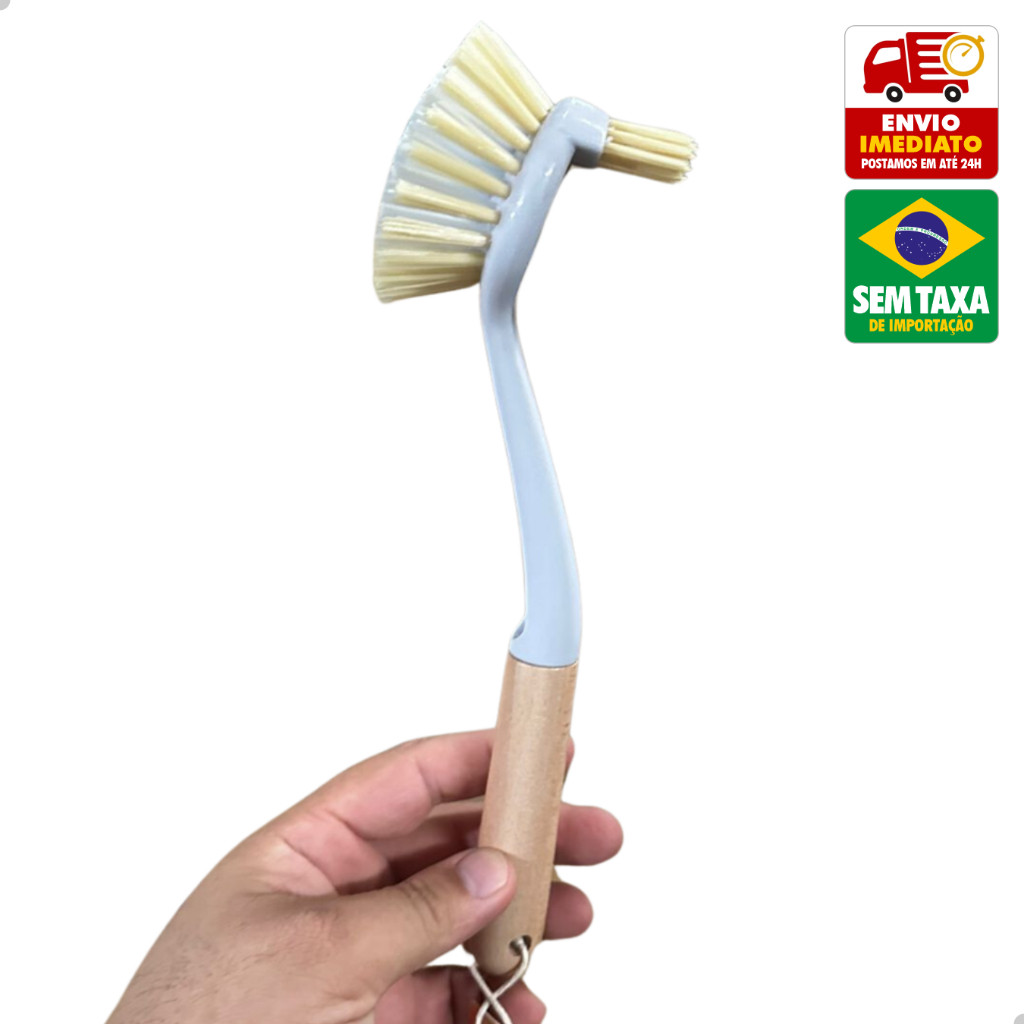 Escova De Limpeza Domestica Duo em Plastico com Cabo de Madeira Dupla