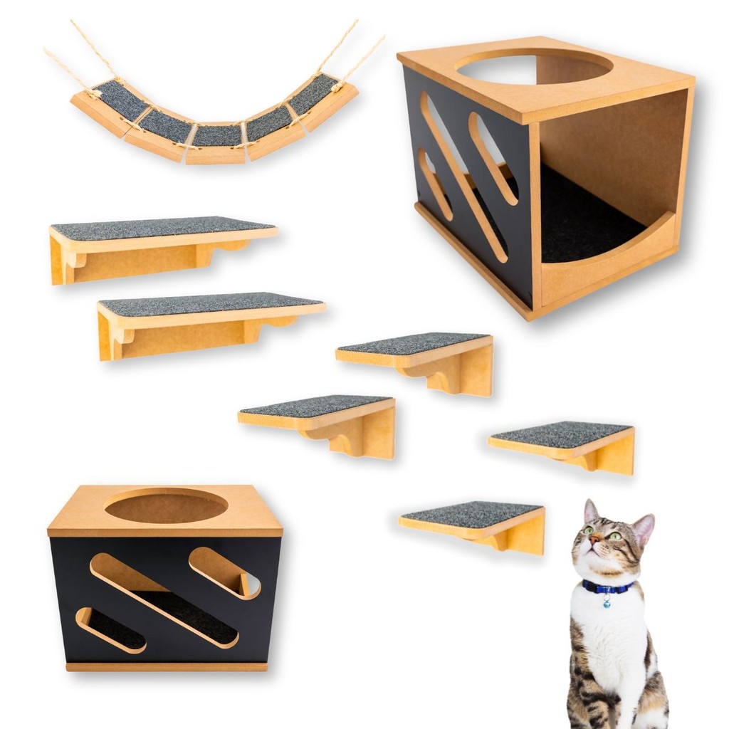 Playground Gato REFORÇADO 9pçs Com Carpete Antiderrapante Nichos e Prateleiras MONTADOS PARAFUSADOS