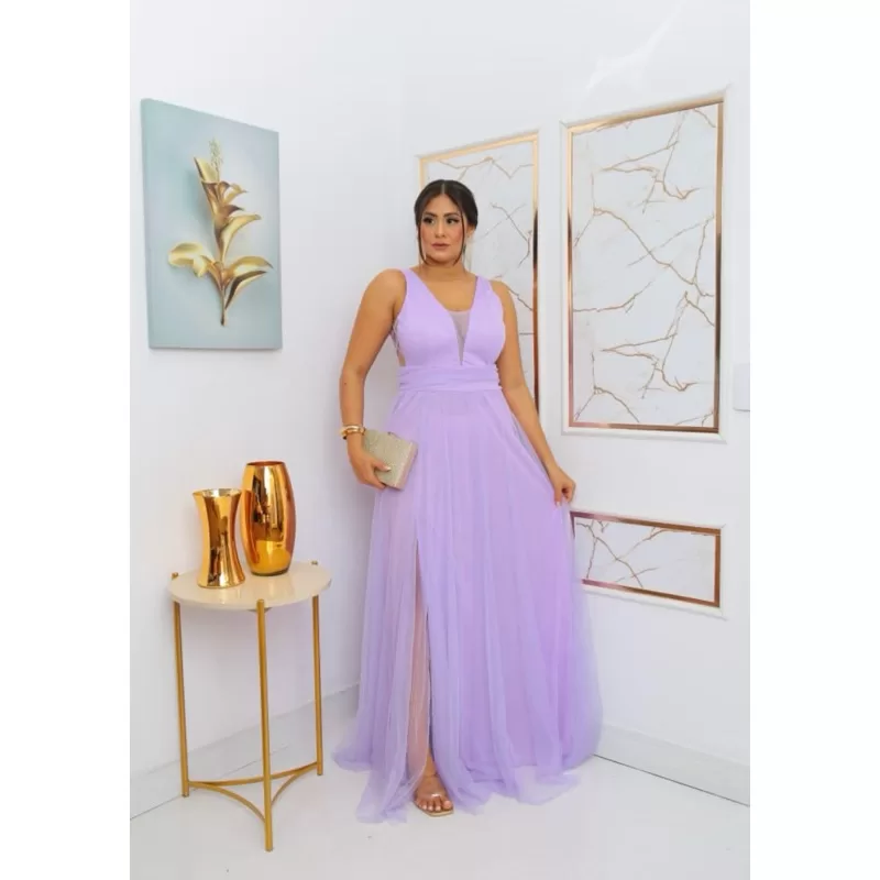 vestido de festa longo madrinha formatura casamento convidada debutante elegante tule lilas brilho