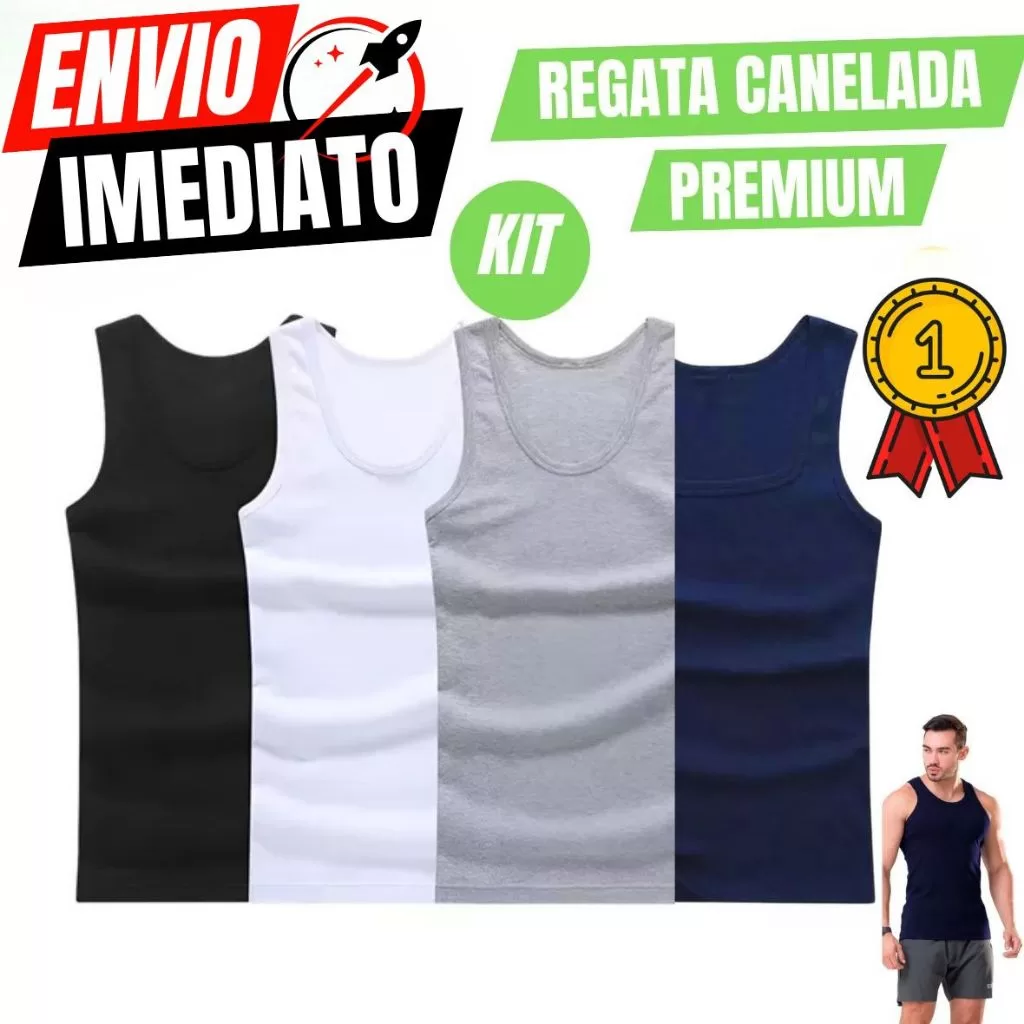 Kit Com 4 Regata CANELADA Premium Masculina Modelo Americana Fitness casual Algodão e Elastano Malha