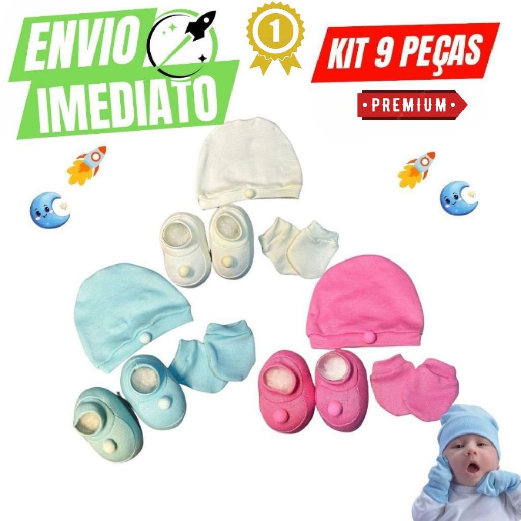 Kit Com 9 Peças Touca Luva e Sapatinho De Bebê 0 À 3 Meses Kit Luxo Premium Qualidade