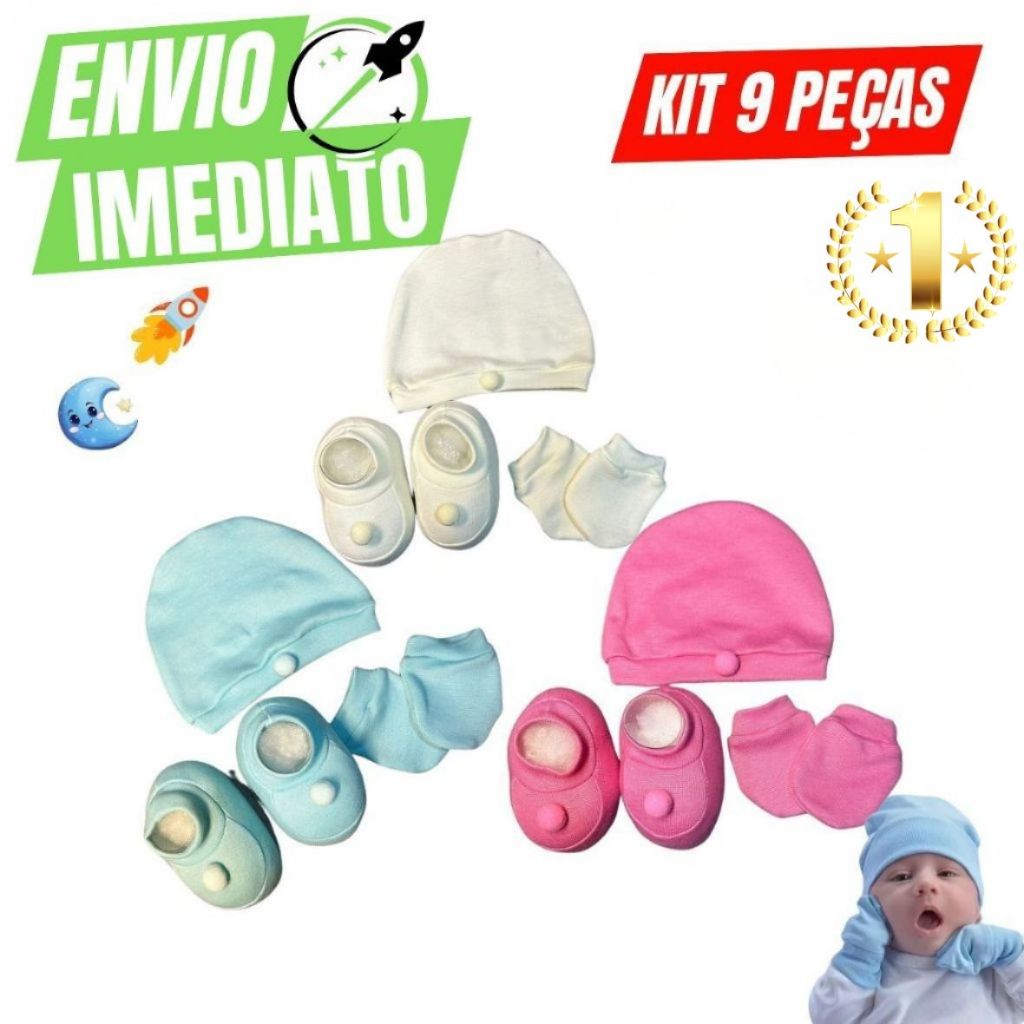 Kit C/9 Peças Touca Luva e Sapatinho De Bebê 0 À 3 Meses Kit Luxo Premium Qualidade