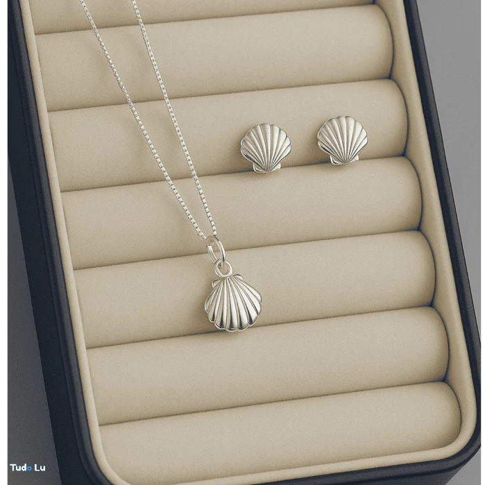 Conjunto Colar e Brinco Conchinha 8mm Prata 925  S