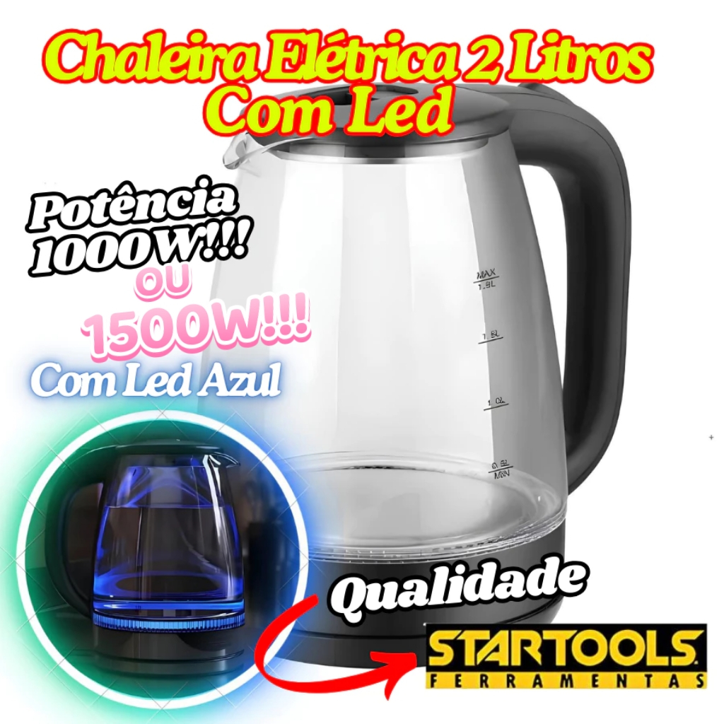 Chaleira Jarra Elétrica De 2 Litros Vidro Com Potência De 127V OU 220V Com Luz Led Azul Startools Pr