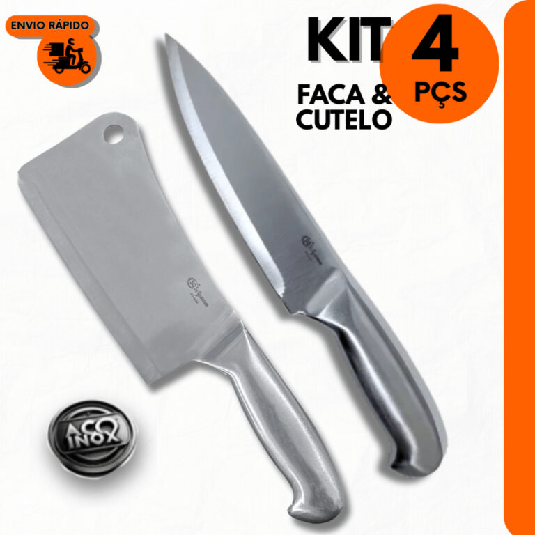Kit 4 Pçs Faca e Cutelo 7 Grande 29cm Inteiriço 
