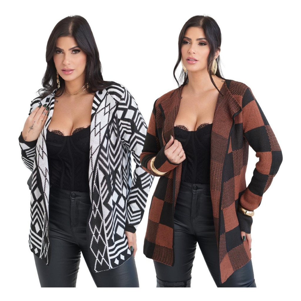 Kit 2 Cardigan Tricot Feminino Inverno Frio Manga Longa Moda