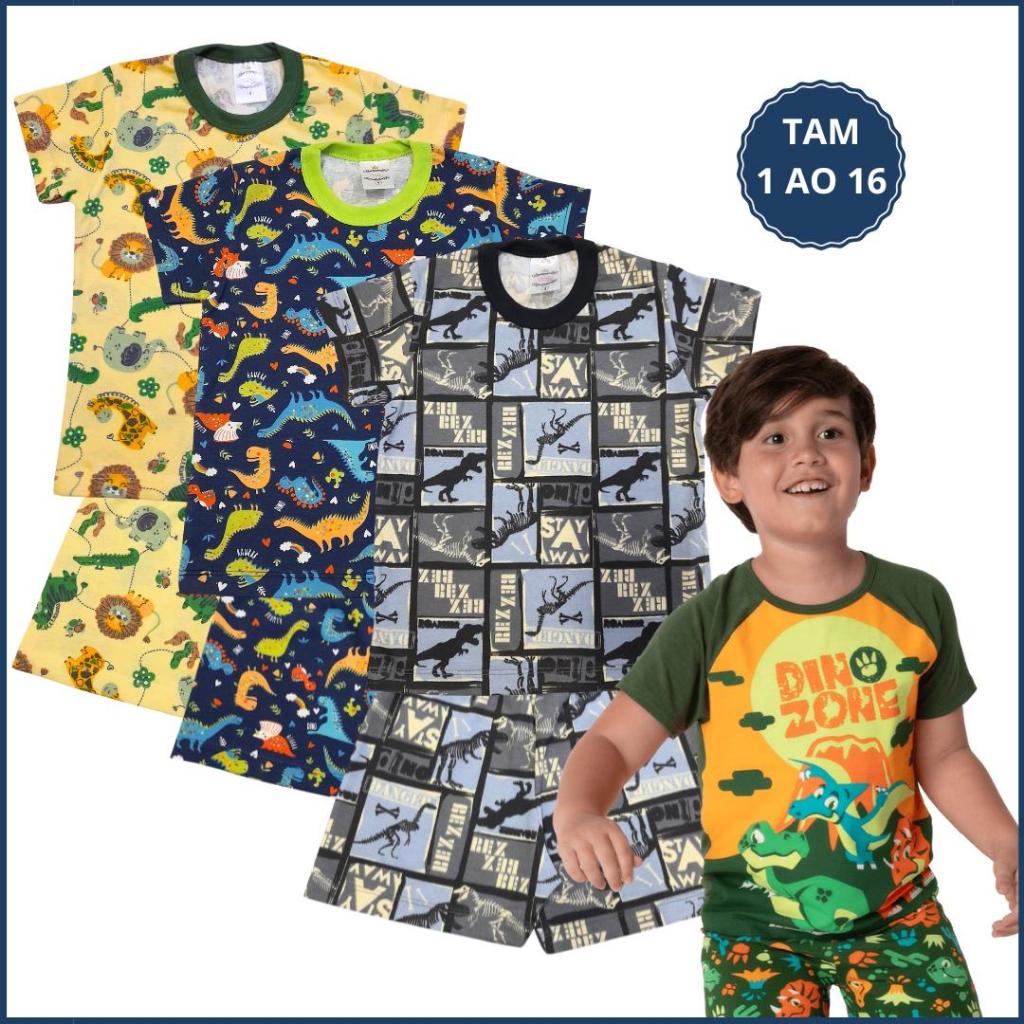 Kit 3 Conjunto Pijama Infantil Masculino Verão | 100% Algodão| Calor | Camiseta e Bermuda 1 ao 16