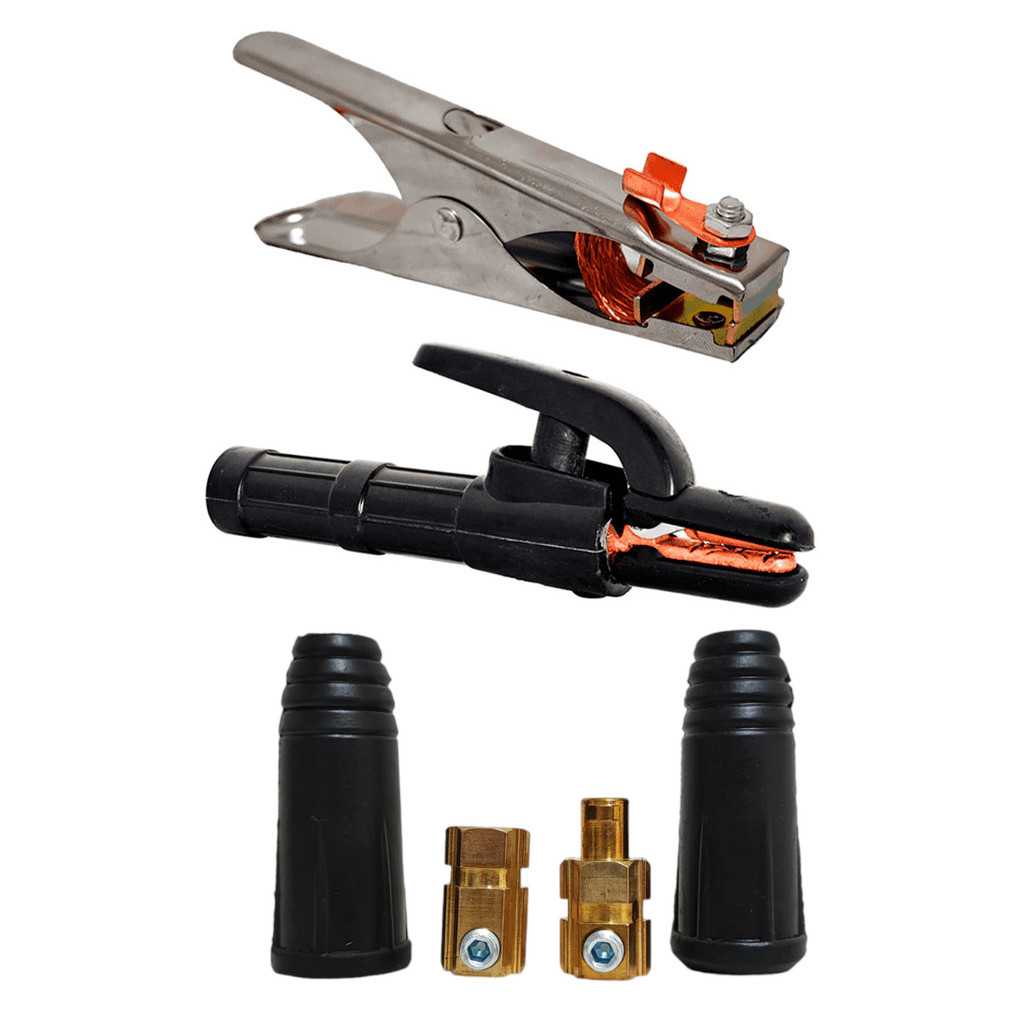 Kit Garra Negativa Grampo Terra Porta Eletrodo Alicate 300a e Conector Engate Rápido 9mm 200a