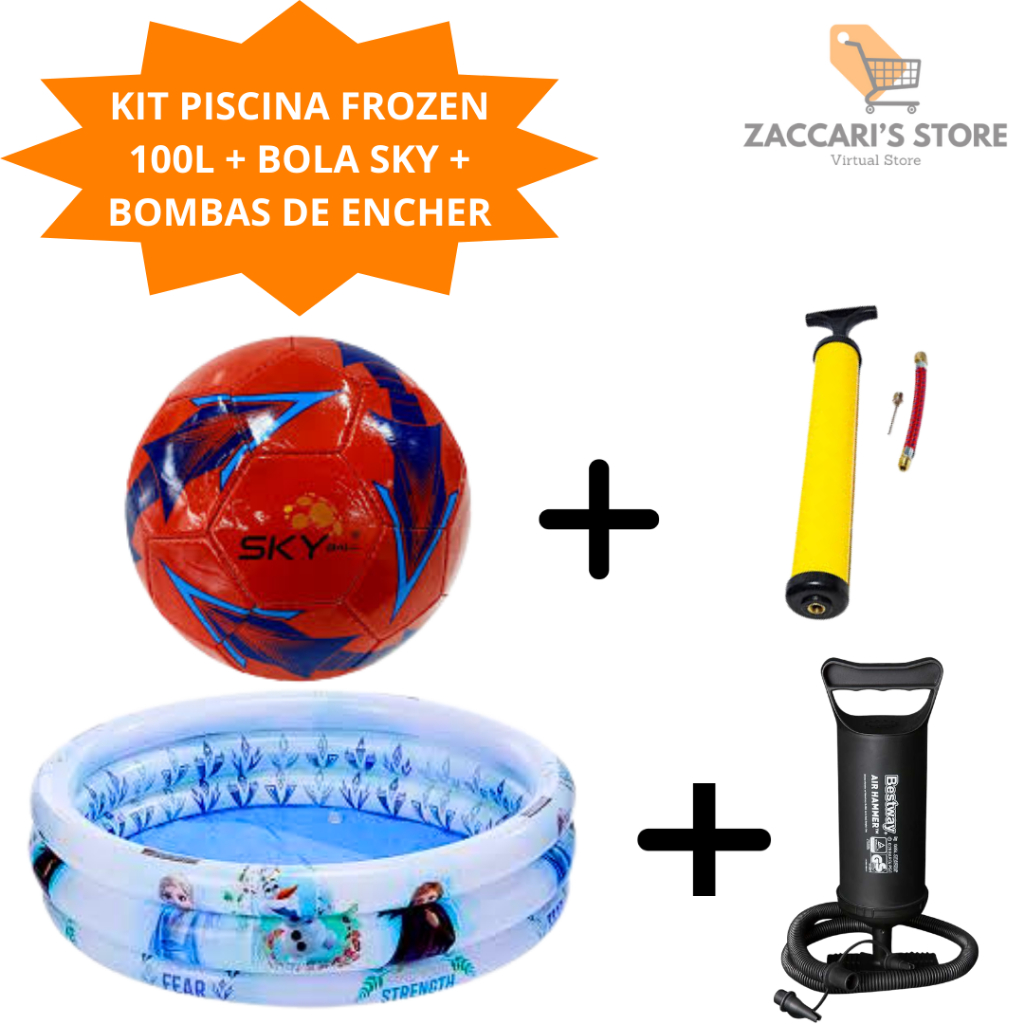 Kit Piscina De 100 Litros Frozen 3 Aneis + Bola De Futebol + Bombas De Encher Para As Crianças E Pis