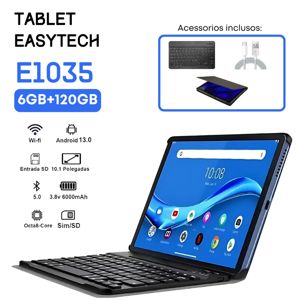 Tablet E1035 Android 13  Dual SIM, 6GB RAM, 128GB, Tela Full HD IPS + Teclado e capa Incluso