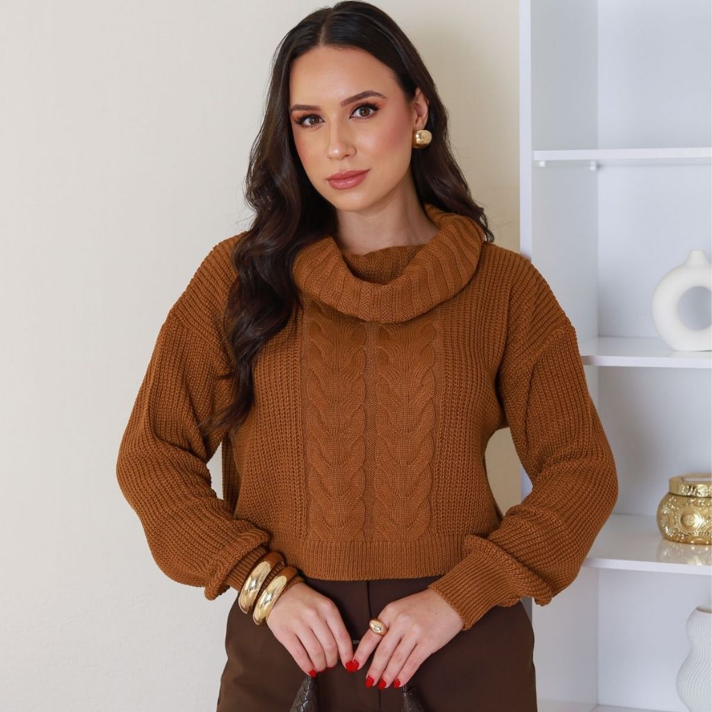 Blusa Feminina Cropped Suéter Gola Alta Macia Trança Modelagem Reta Moda Outono Inverno Elegante Con