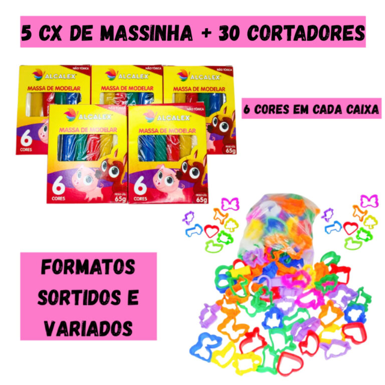 Kit 30 Massinha de Modelar + 30 Cortador Molde p/ 