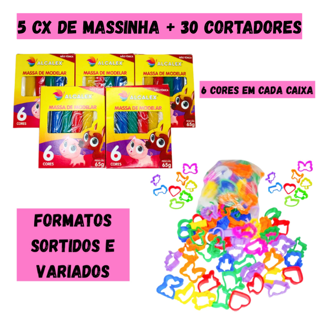 Kit 30 Massinha de Modelar + 30 Cortador Molde p/ Kit Festa Lembrancinha Infantil Sacolinha