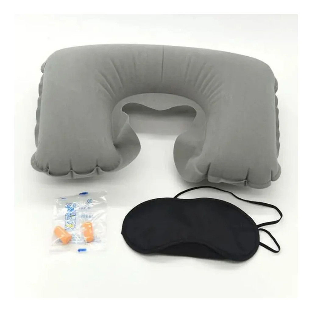 Travesseiro Inflável Almofada Pescoço P/ Viagem Carro Avião Kit 3 Peças Tapa olho Protetor auricular