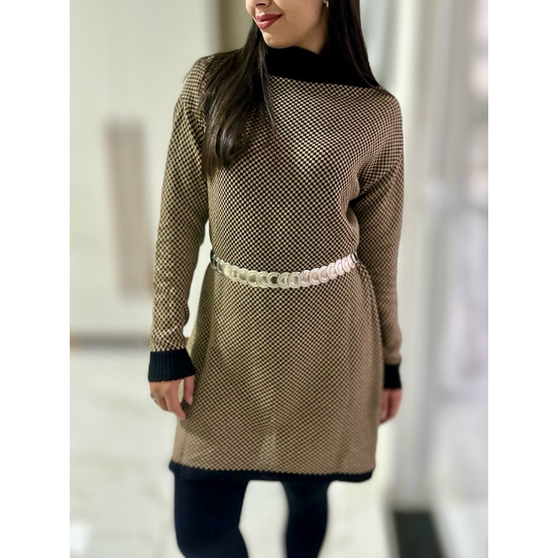 Poncho Xadrez Tricot Feminino Com Fenda Lateral Inverno Tricô Moda Quadriculado Gola Alta