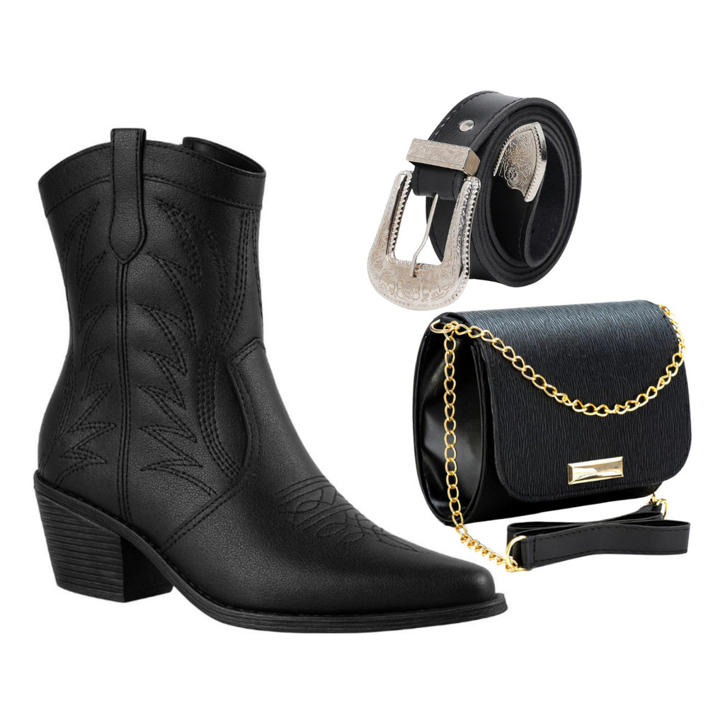 Kit Presente Rodeio Bota Western + Bolsa + Cinto