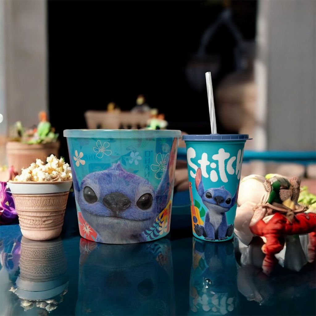 Kit Cinema Stitch com Balde de Pipoca e Copo com Canudo Plasútil Infantil