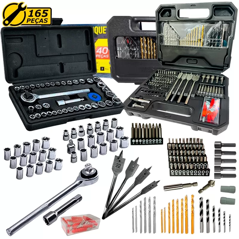 Kit Jogo De Ferramentas 165 Peças Com Brocas Bits Parafusos Buchas Soquetes Profissional