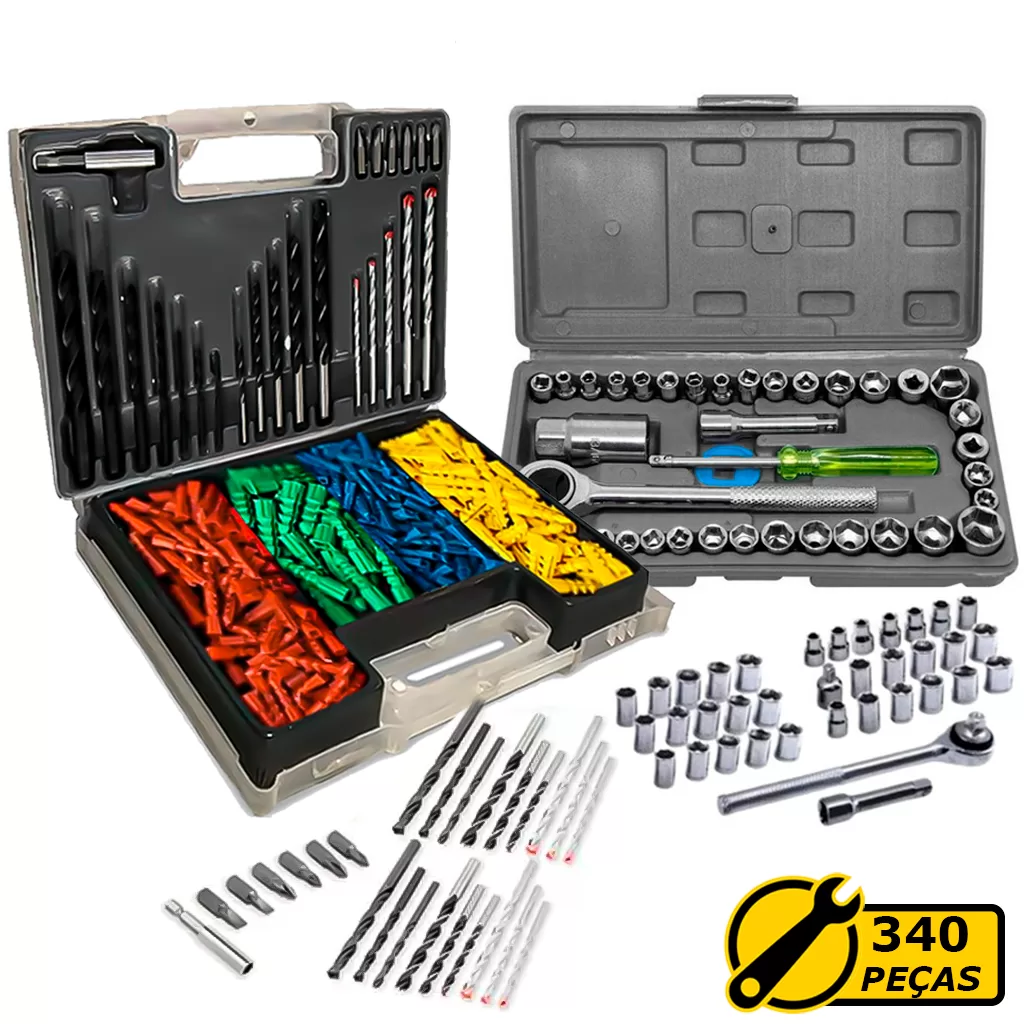 Jogo Ferramenta 340 Peças Com Chave Catraca Vela Bits Brocas Buchas Soquetes Profissional Resistente