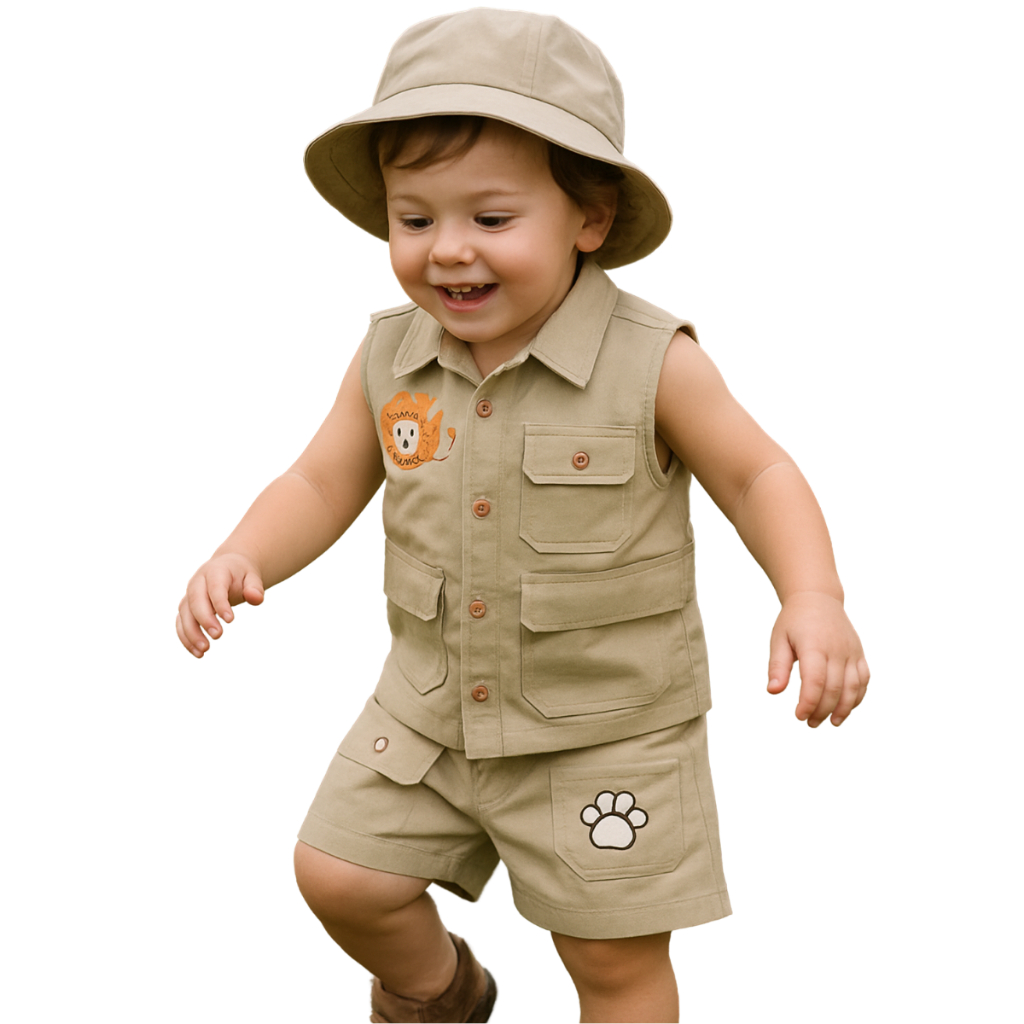 Fantasia Safari Infantil Menino Festa Luxo Bebê Camisa Shorts + Chapéu Leao Completo E Macacão