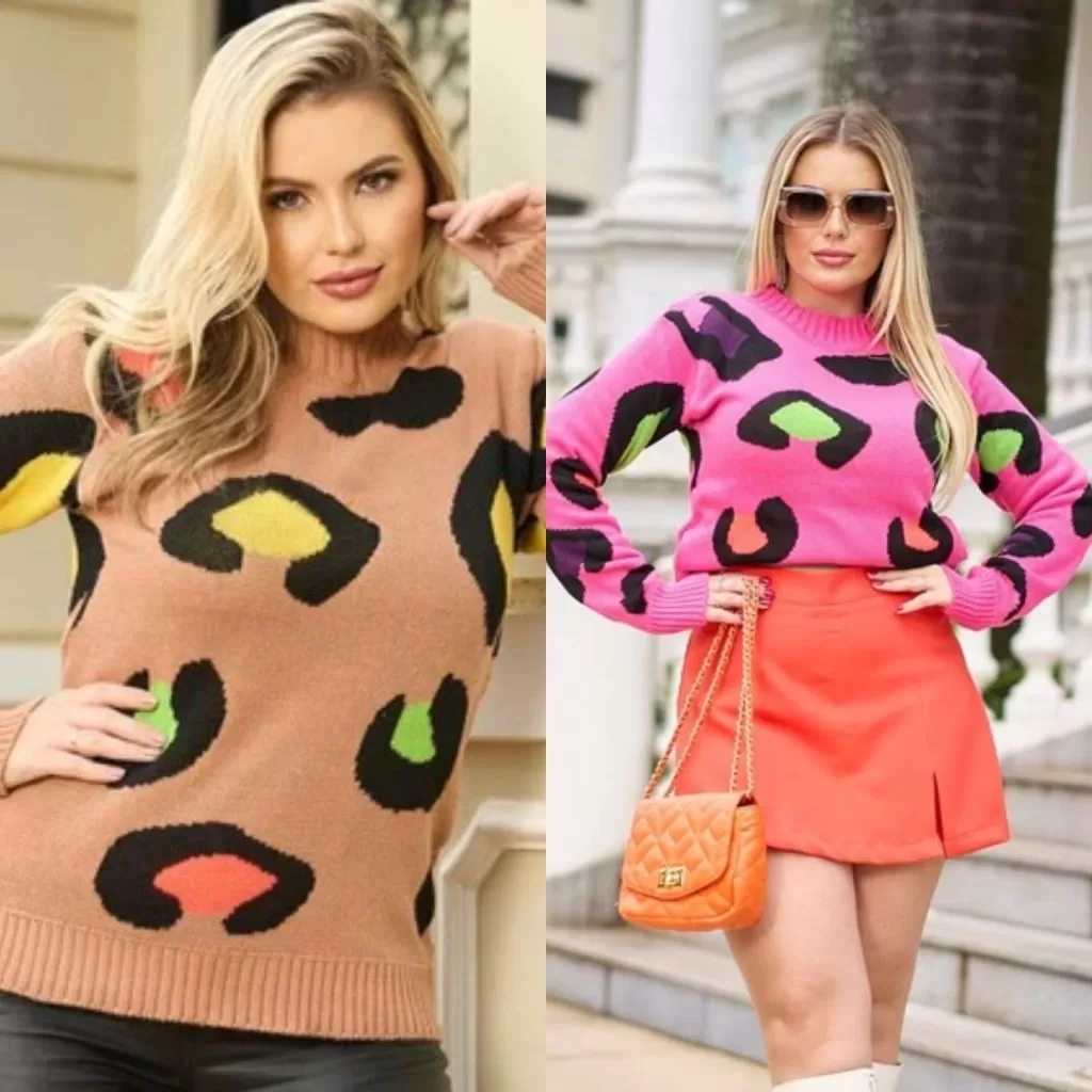 Blusa de Frio Feminina Tricô Manga Longa Animal Colors Básica Casual