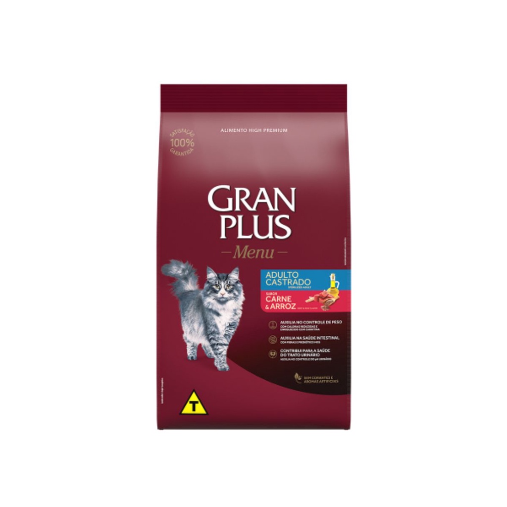 Ração Para Gatos 3KG Alimento Granplus Menu Adulto Castrado Sabor Carne e Arroz