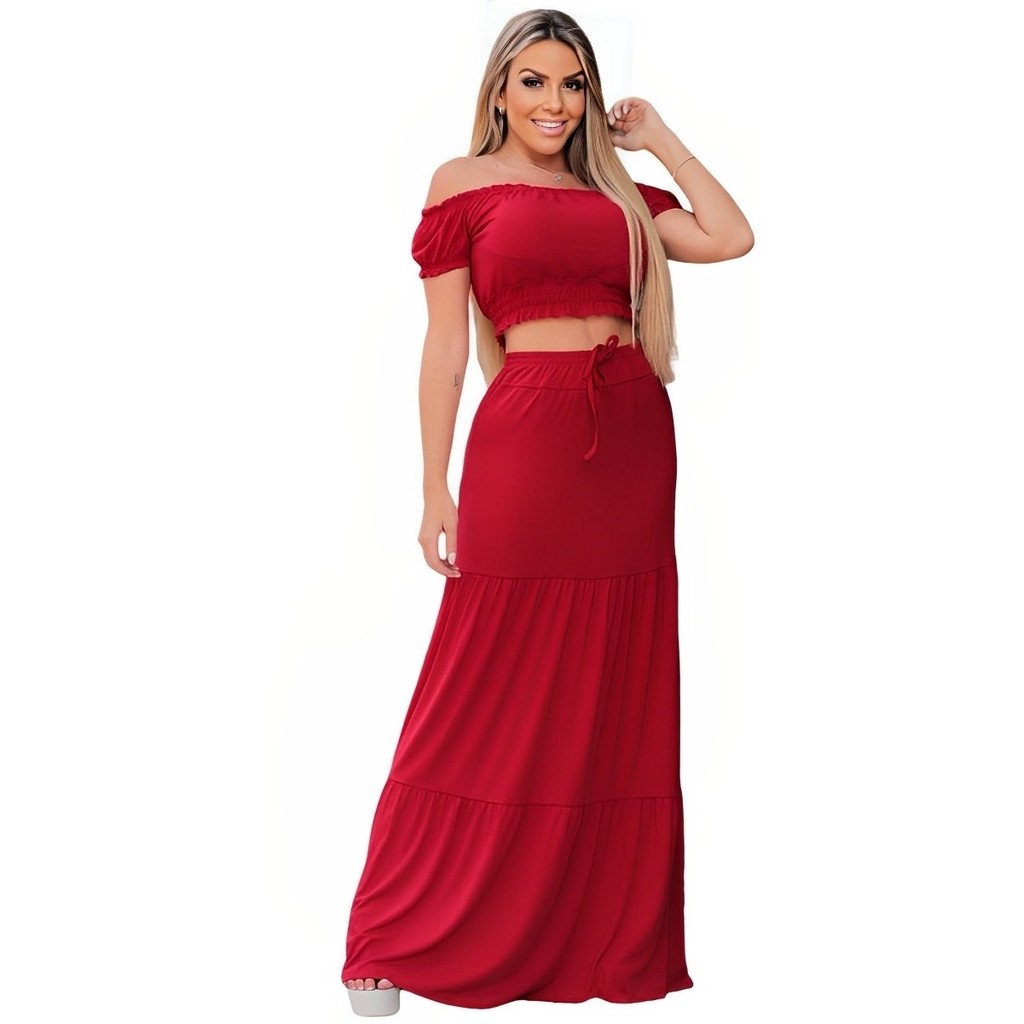 Conjunto Feminino Cropped Saia Longa Estampado Manga Curta Elastex