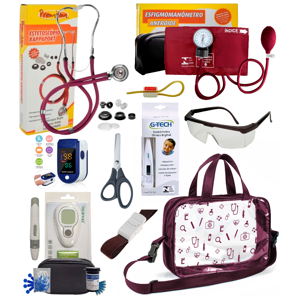 Kit Material de Enfermagem Aparelho de Pressão + Estetoscópio Duplo Premium para Estágio com Oximetr
