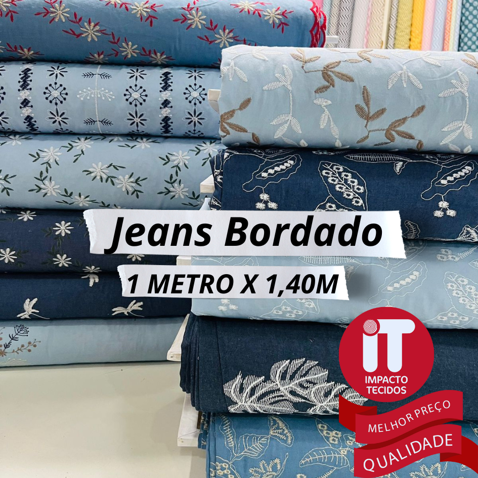 Tecido Jeans Bordado Denim 1 metro x 1,40