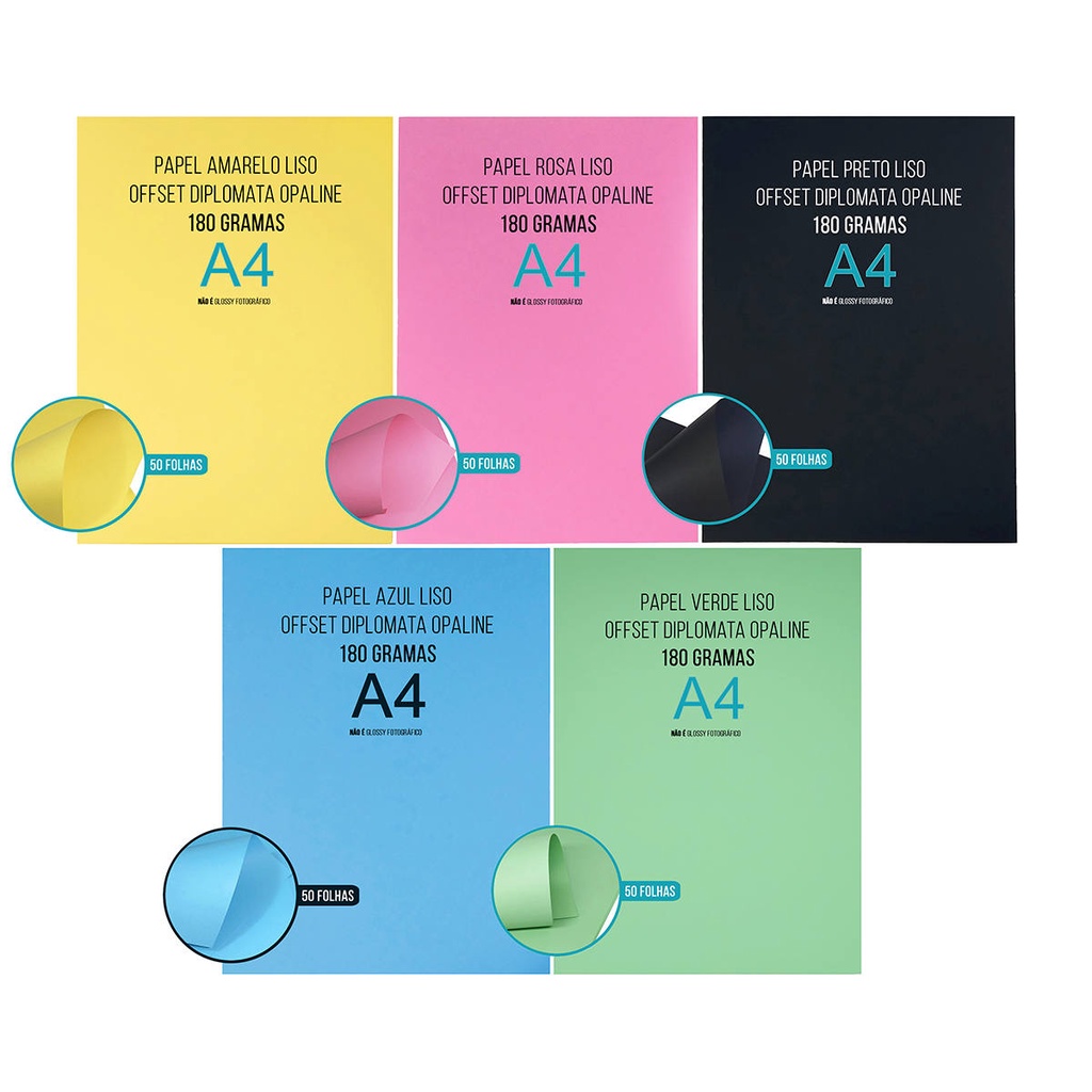 Papel Colorido Diplomata Opaline Offset Liso 180g A4 Massa Colorida 5 Cores Amarelo Azul Verde Rosa