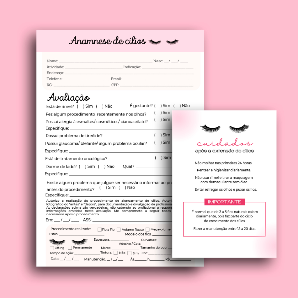 Kit Ficha Anamnese Cílios + Cuidados Pós