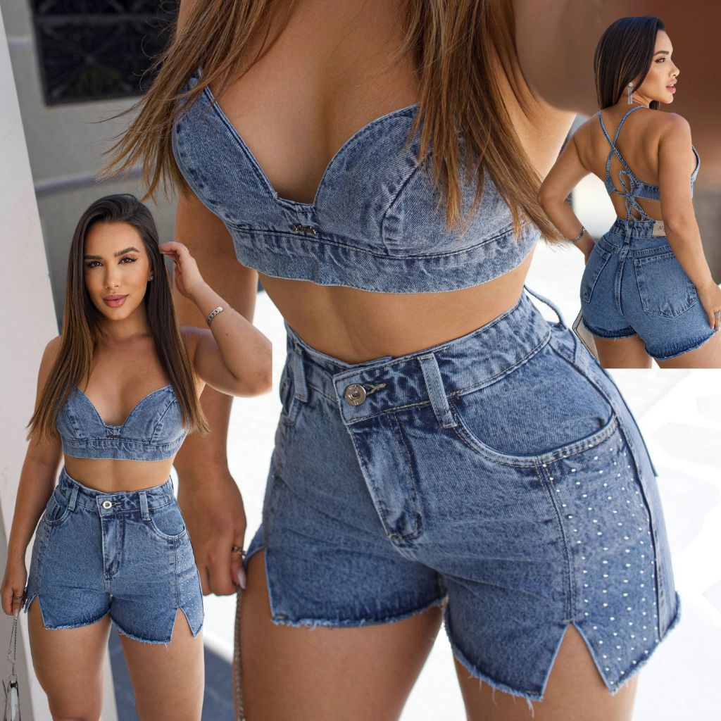 Conjunto Jeans Cropped Top e Short Pedraria de Strass Marmorizado Cintura Alta Sem Elastano